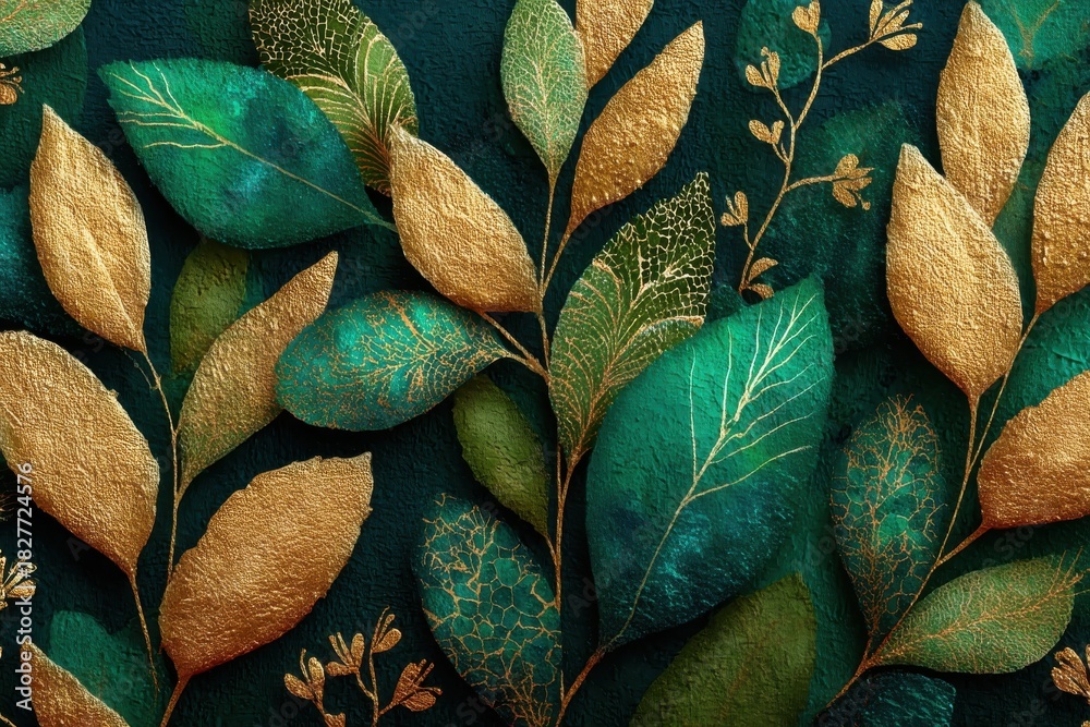 Obraz premium Seamless pattern of gold and green leaves with foil texture on dark backdrop