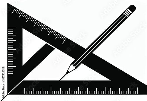 Monochrome image of drafting tools a triangle ruler and a pencil intersecting on a white background