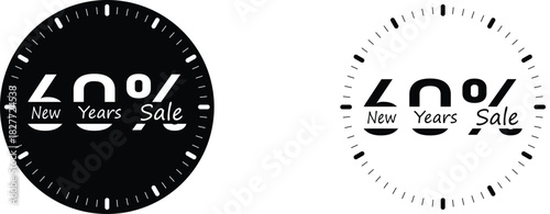 New Year sale badge showing a clear 60 percent discount with smooth white tick marks on a dark background creating a strong festive promotional graphic ideal for holiday marketing visuals