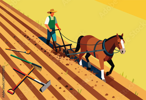 Vector illustration depicts a farmer with a horse plowing a field. Tools lay nearby. Yellow background