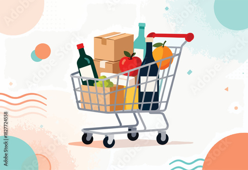 Illustration of a shopping cart filled with groceries and drinks against a pastel abstract background