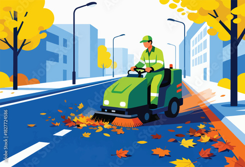 A street sweeper on a city street in autumn, cleaning fallen leaves. Buildings and trees in the background