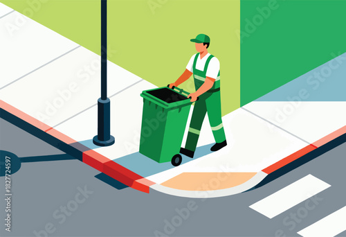 Vector graphic showing a sanitation worker pushing a green trash bin near a street corner and crosswalk