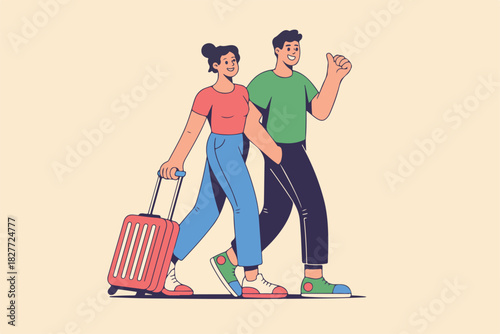 A stylized illustration depicting a couple traveling, with luggage, a thumbs-up, walking side-by-side
