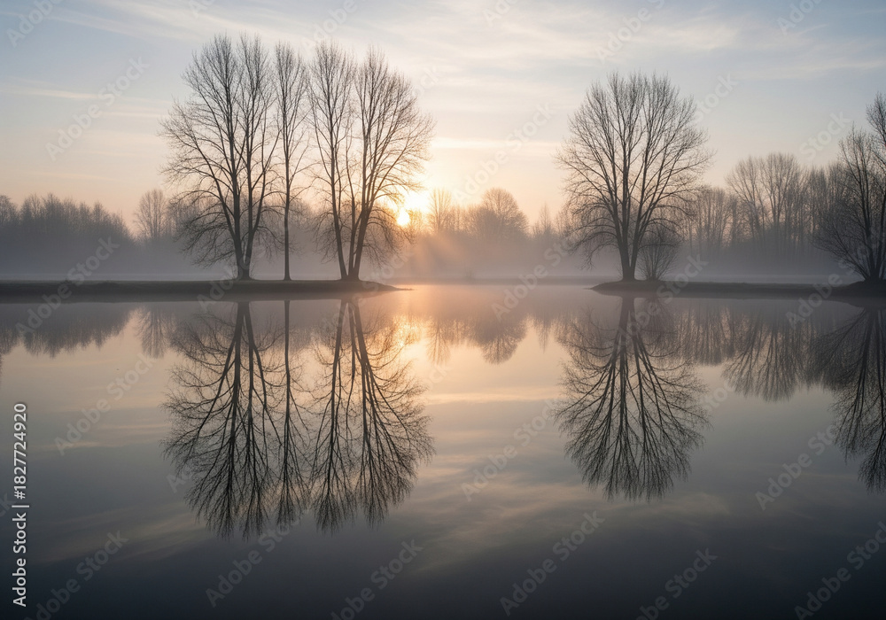 Fototapeta premium Serene Sunrise Reflections on a Misty Wetland with Silhouetted Trees, Calm Water Mirroring the Sky at Dawn, Tranquil Natural Landscape