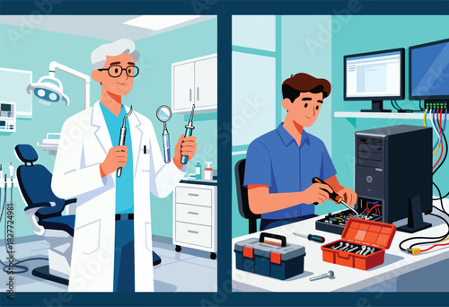 A dentist with tools stands in a dental room, while a man fixes a computer, with tools and monitors