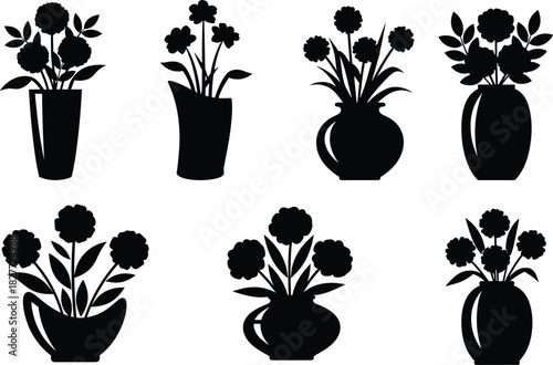 Flowers in vases silhouette set, potted plant vector collection, black and white floral icons, garden decoration symbols, blooming nature design elements, isolated.