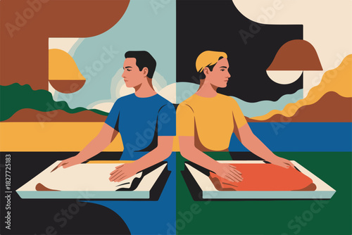 Two people in profile, facing opposite directions, working on surfaces, set against abstract color backgrounds