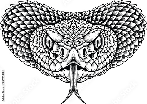 Furious Pit Viper Head Engraving; Detailed Black and White Drawing of Venomous Snake with Forked Tongue; Danger, Reptile, Tattoo, Mascot, and Wildlife Vector Illustration Concept.