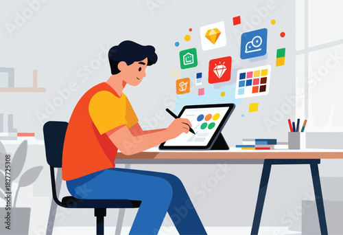 A person sketches on a tablet with floating icons. Color palette, tools, design concepts, and workspace
