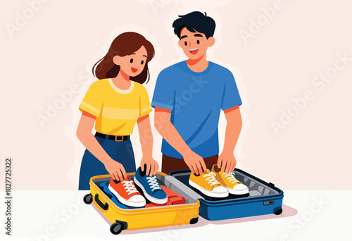 A cartoon couple packs suitcases with sneakers, suggesting travel plans and a shared experience. They are smiling