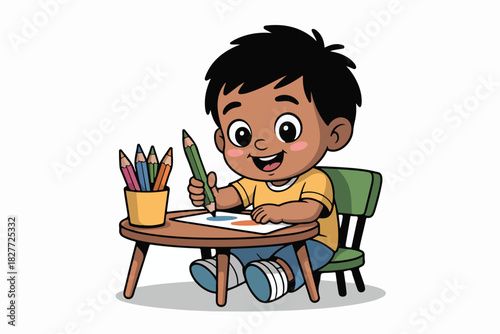 A smiling child with dark hair draws with a green pencil at a wooden desk, surrounded by colorful pencils
