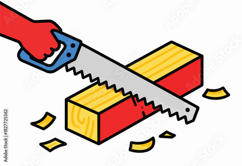 A cartoon illustration depicts a red hand sawing a wooden block, with a saw and falling chips