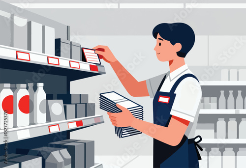 A worker in a dark blue apron restocking a supermarket shelf with price tags, product in cartons and bottles