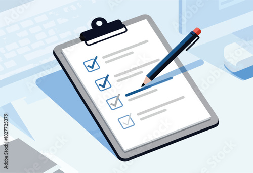 A detailed illustration of a checklist on a clipboard with a pencil on a desk-like light blue background