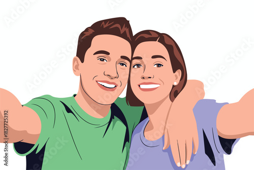 A smiling couple, vector-style illustration, the man hugs the woman. They appear to be taking a selfie