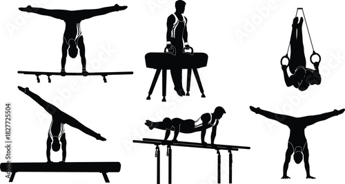 Gymnastics Sports Equipment Silhouettes; Vector Set of Male Athletes on Parallel Bars, Pommel Horse, Rings, and Balance Beam; Acrobatics, Fitness, Competition, and Strength Concept Graphics.