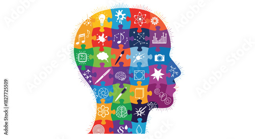 Human Head Silhouette Filled With Colorful Puzzle Pieces Representing Thoughts and Ideas, Generative AI.