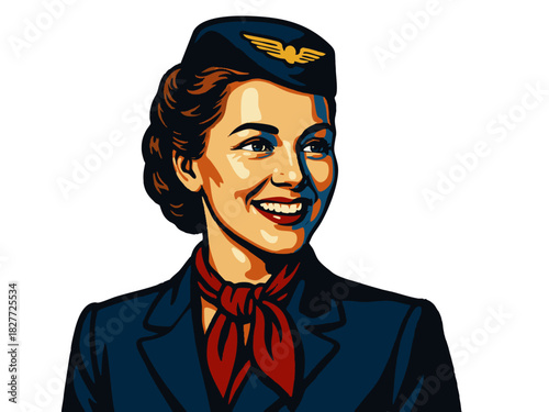 flight attendant in classic uniform, perfect for aviation, travel, or nostalgia themes. vector colorful pop art illustration.