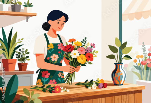 An illustration of a florist arranging a colorful bouquet. A woman stands in a shop with potted plants and flowers