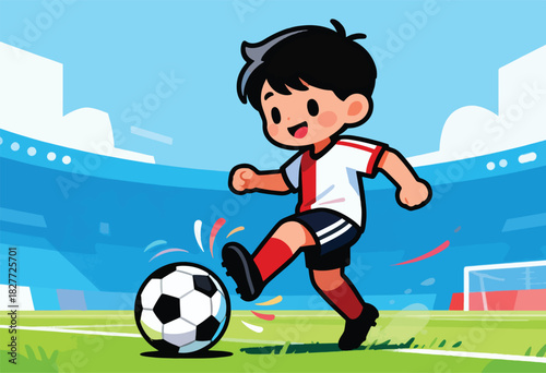 Cartoon child kicks soccer ball on field, bright stadium background, vibrant colors