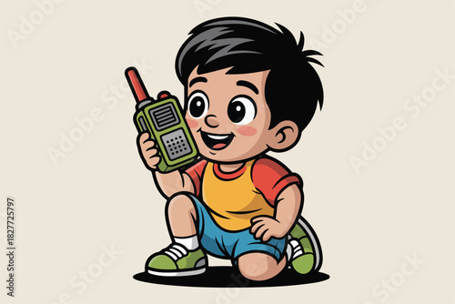 A happy cartoon boy in athletic attire kneels while holding a walkie-talkie and smiling. Black shadow