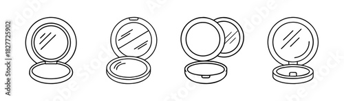 Compact powder case with mirror line icons set. makeup beauty product outline