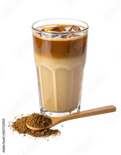Earthy hojicha latte, a japanese roasted tea with a smooth, creamy texture in a tall glass, isolated on a white background