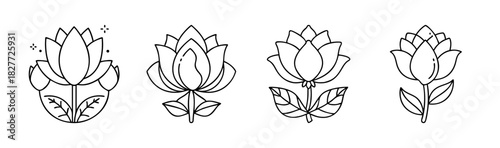 Minimalist lotus flower line art icons set, abstract botanical symbols