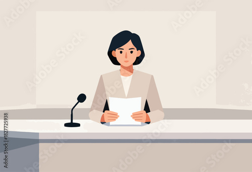 A presenter stands at a podium, holding papers, facing forward with a microphone. Background is beige/white