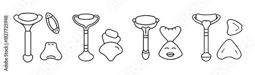 Outline set of jade rollers and gua sha tools for facial skincare massage