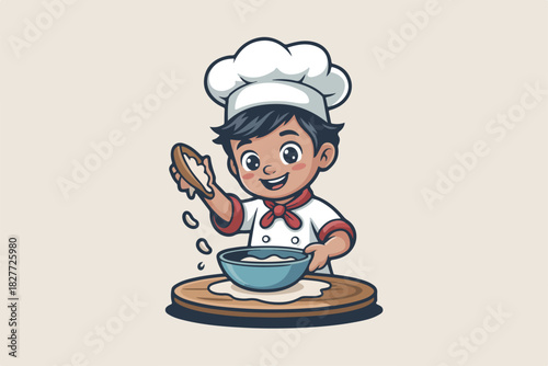 A cartoon chef in white attire with a red bow tie sifting flour into a bowl, smiling. Baking is in action