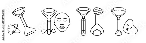 Skincare tools line art set: face rollers, gua sha, and facial treatment icons