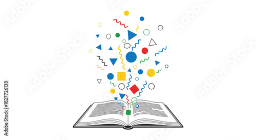 Open book releasing colorful abstract shapes and symbols symbolizing imagination and creativity, Generative AI.