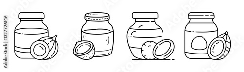 Coconut oil jars with whole and halved coconuts. outline icon set for cooking