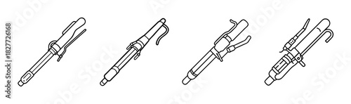 Hair curling iron line art set, different styles of beauty styling tools