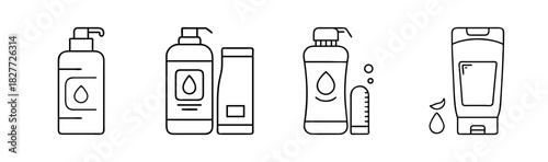 Cosmetic and hygiene product line icons, liquid soap dispenser, tubes