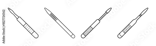 Surgical tools vector line art illustration, medical instruments set