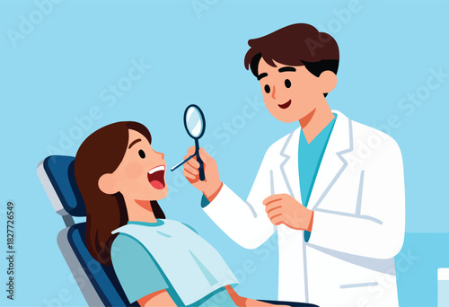 A cartoon dentist examines a patient's mouth with a mirror in a dental clinic. Blue background