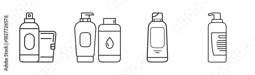 Outline icons of various cosmetic and personal care product bottles set