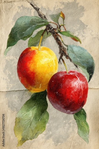 Yellow and Red Plums Watercolor Illustration on Vintage Paper – Botanical Fruit Painting with Realistic Hand-Painted Details, Leaves and Rustic Artistic Style