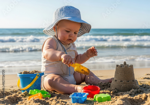 Adorable baby in sun hat plays with sand, bucket, shovel on a sunny beach day.