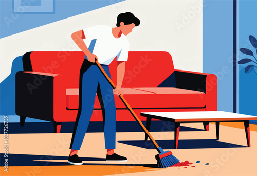 A person in a white top and blue pants is sweeping a messy floor in a brightly colored apartment