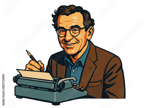 cheerful man in glasses using a typewriter and fountn pen, ideal for writing or publishing themes. vector colorful pop art illustration.