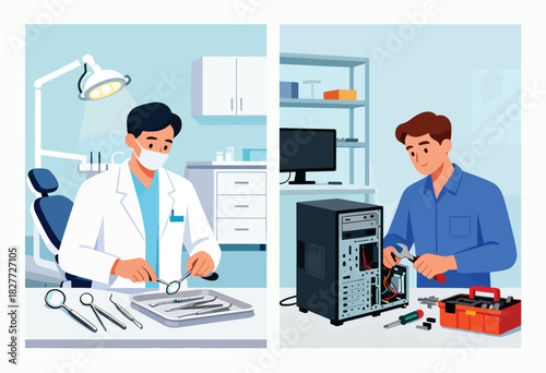 A split scene A dentist with tools, and a computer technician working on a desktop, both using tools