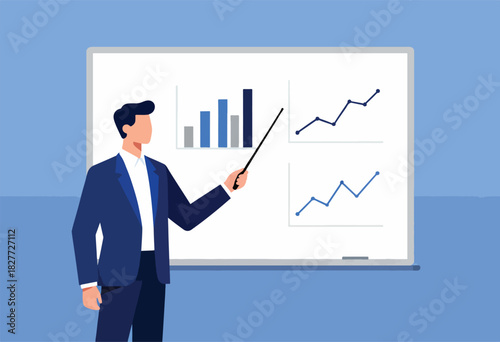A man in a blue suit uses a pointer to present graphs on a whiteboard. Background is a gradient blue