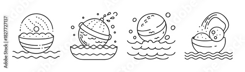 Relaxing bath bomb dissolving in water line art icon set for spa design