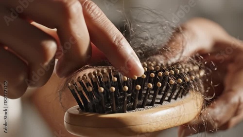 Woman's hand removing hair from a wooden hairbrush in bright sunlight showcasing hair loss and health concerns related to alopecia and aging with a focus on personal care