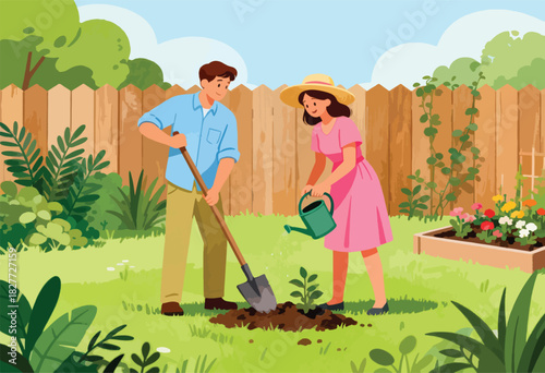 A couple tending a garden, the man digs with a shovel, woman waters a small plant. A wooden fence in the background