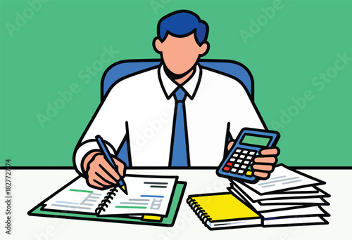 A stylized illustration depicts a professional at a desk, writing on paper and using a calculator